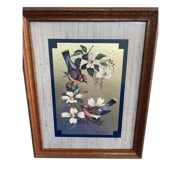 Vintage William J. Whiteside Birds on Dogwood Framed Art 1960's Print Gold Foil - Picture 2 of 15
